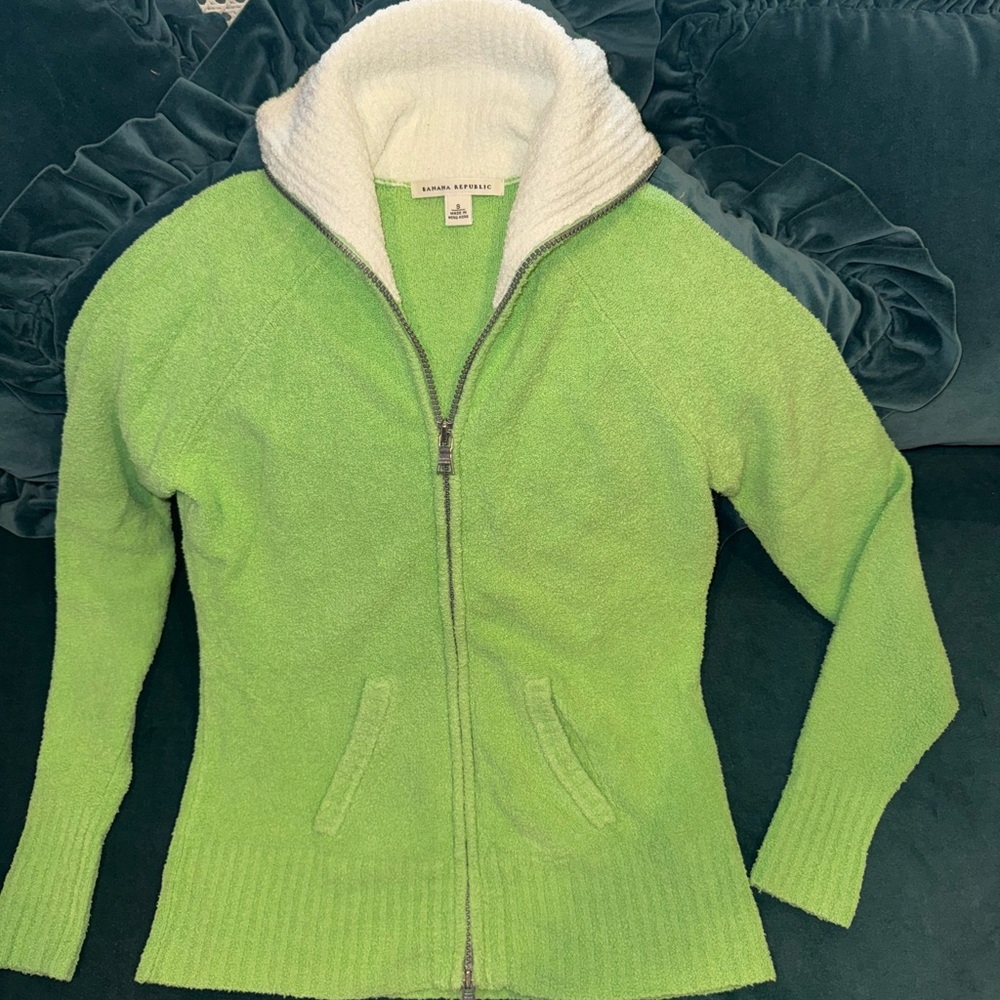 Banana Republic Green & White Front Zip Sweater Size S Small